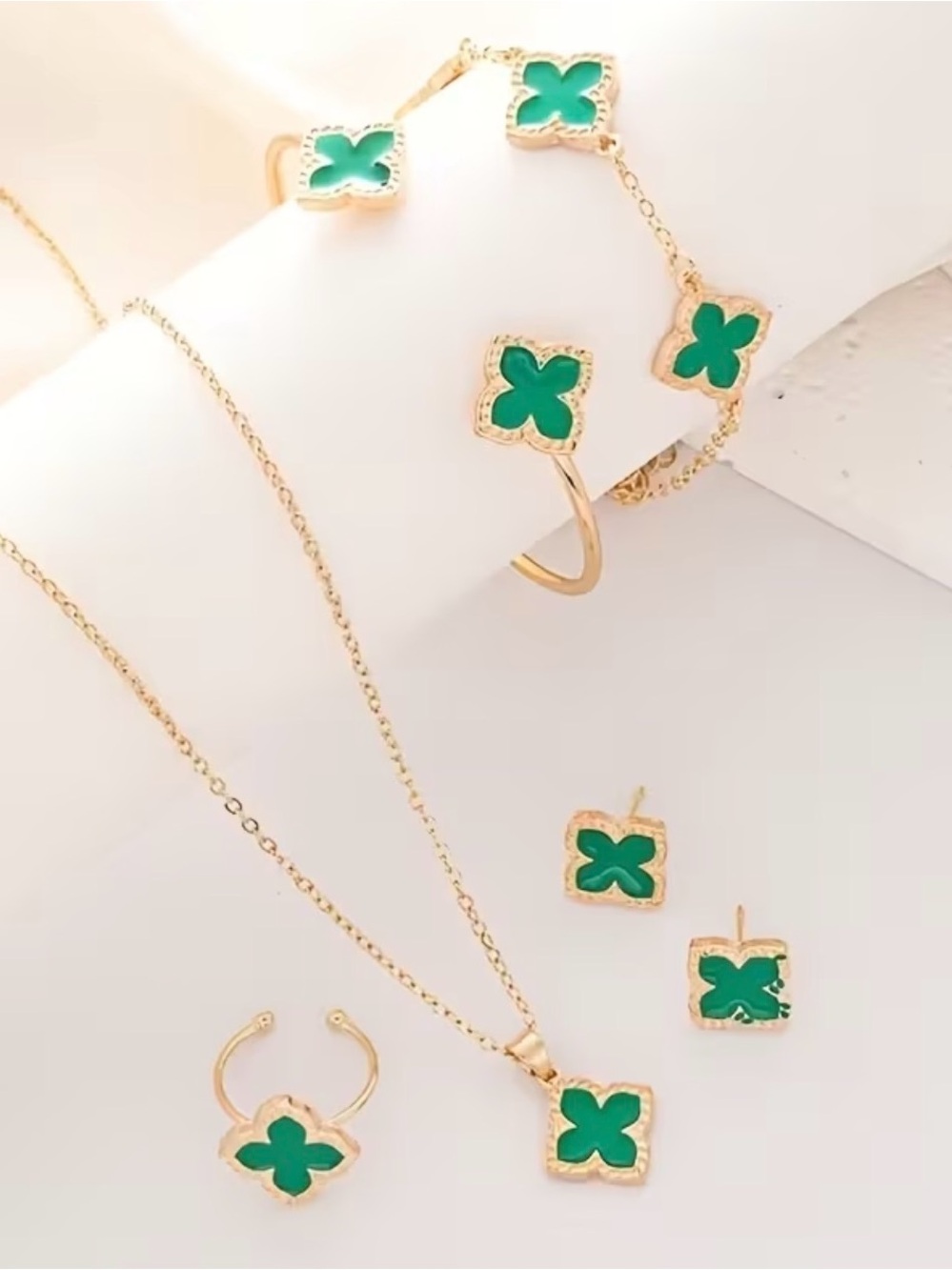 Gold-Tone Green Clover Jewelry Set - Ladies Necklace, Bracelet, Ring & Earrings
